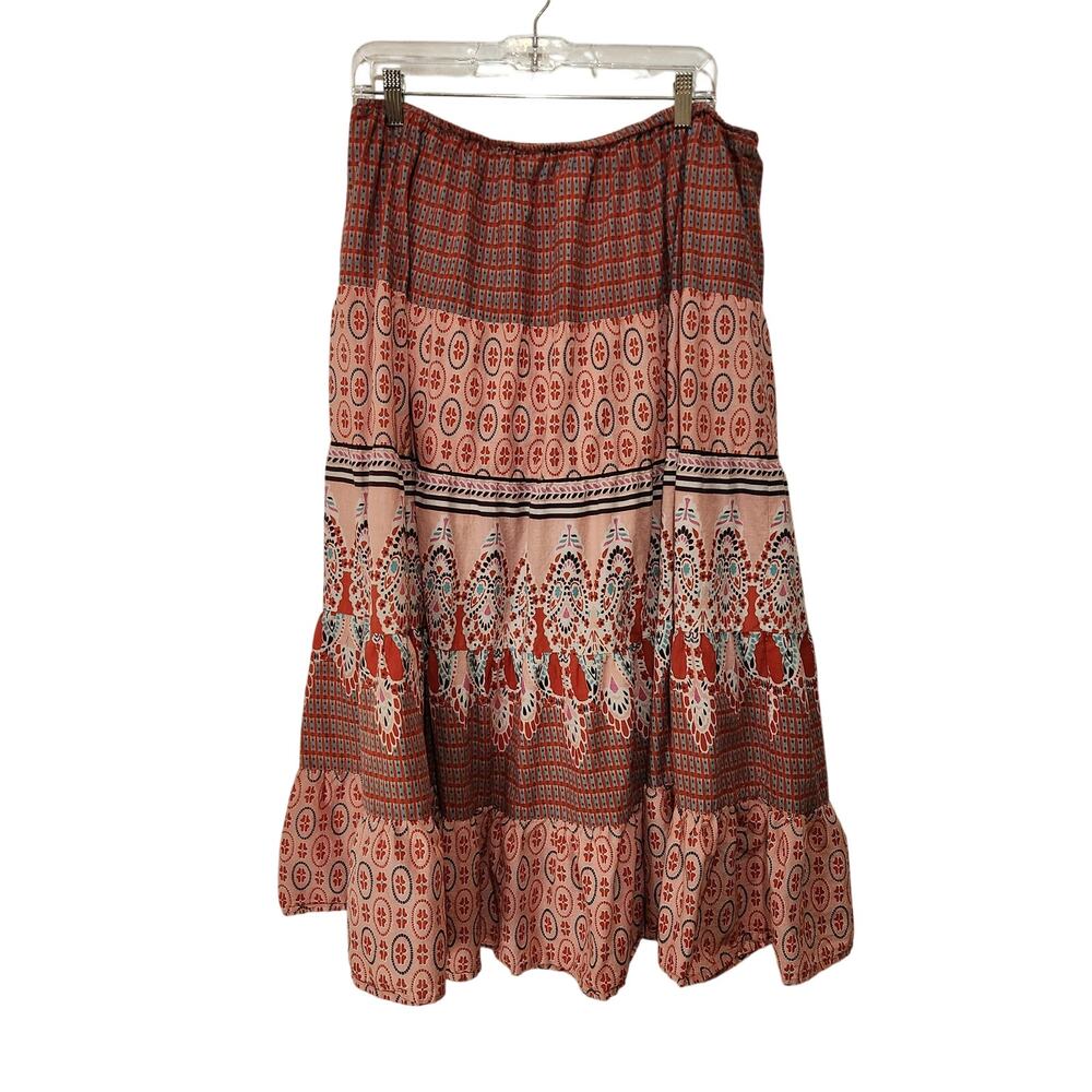 Choices Pink Red Floral Pull On Colorful Bohemian Cotton Tiered Midi Skirt Large